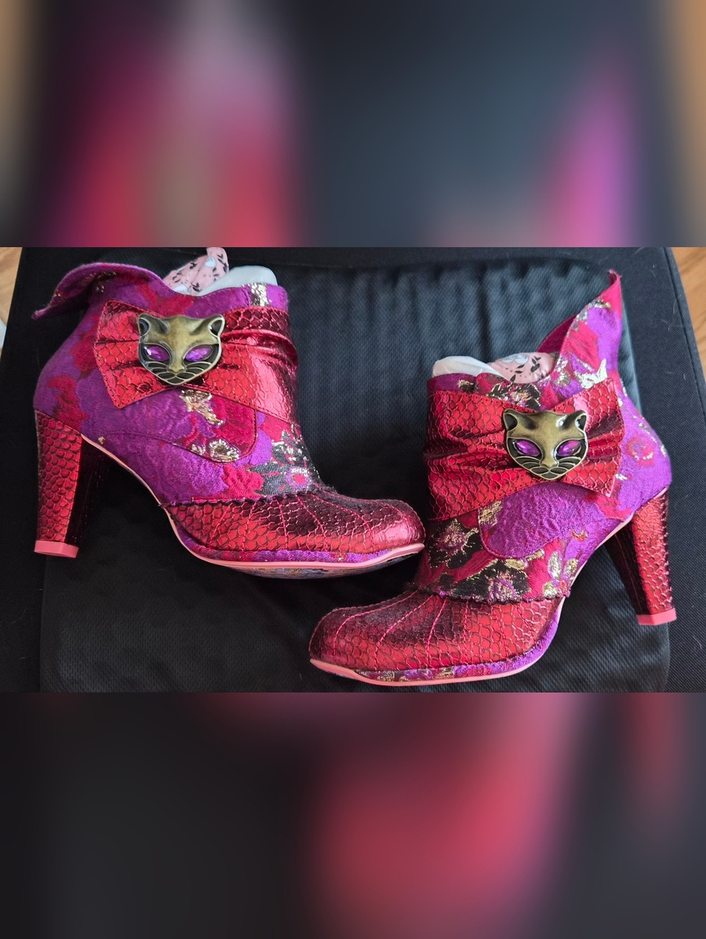 Irregular Choice Metallic Pink and Purple Cat-Accent Ankle Boots